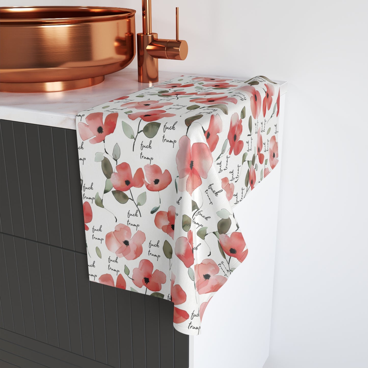 Watercolor Poppy F*ck Trump Hand Towel