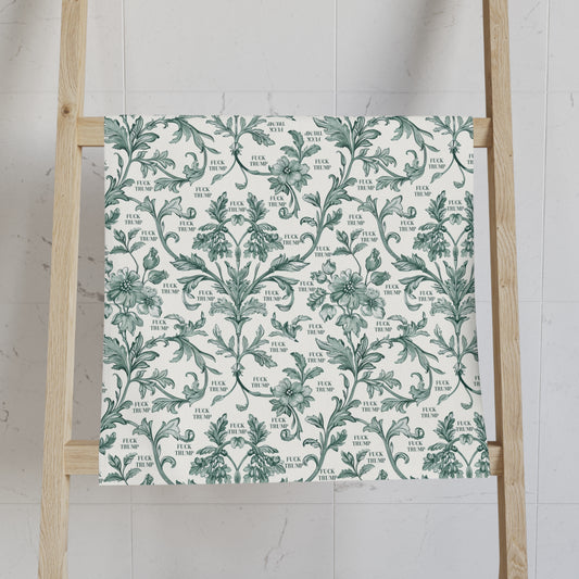 Green Toile de Jouy F*ck Trump Hand Towel