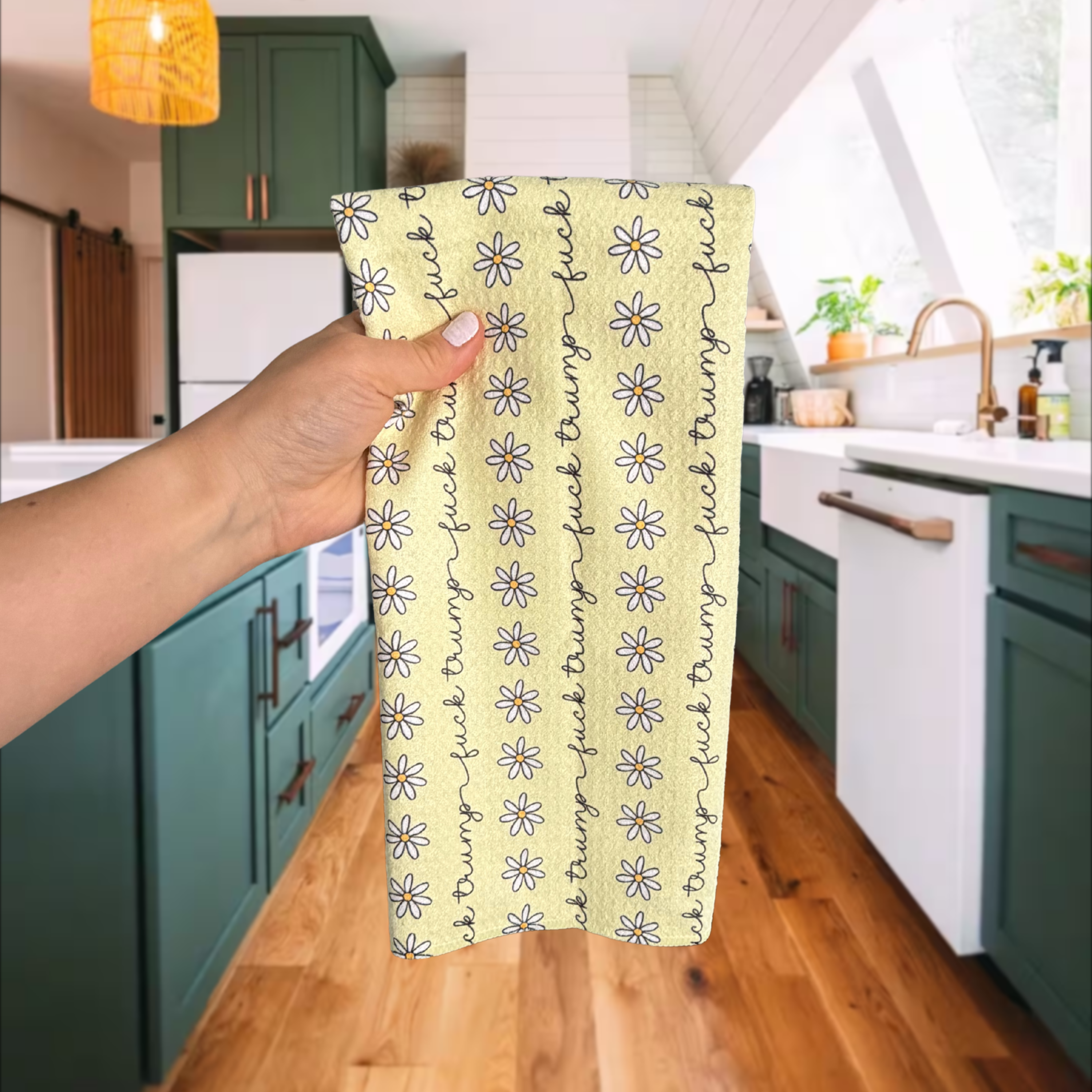 F*ck Trump Yellow Daisy Waffle Weave Kitchen Towel