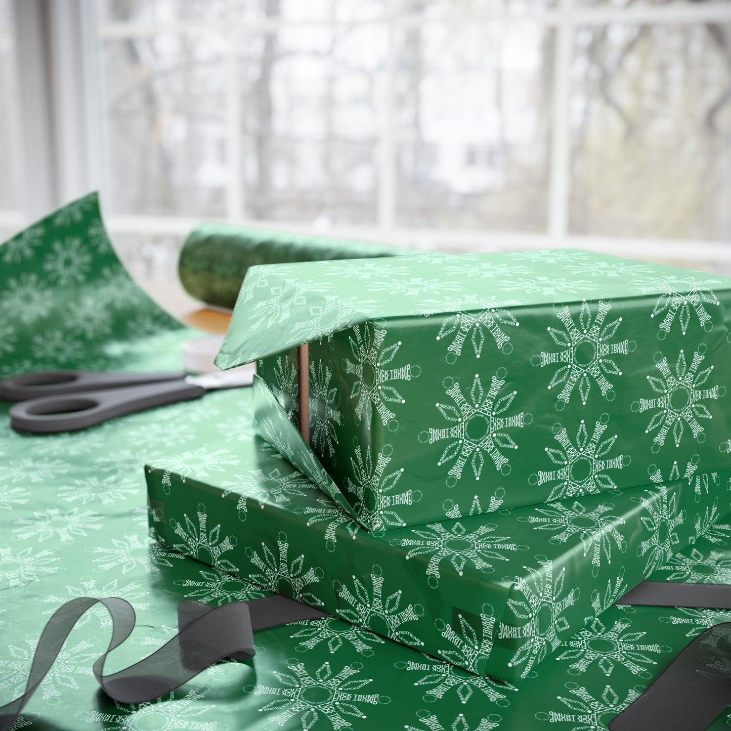 Subtle F*ck Trump Green Snowflake Wrapping Paper