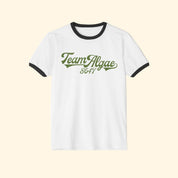 White t-shirt with green text 'Team Algae 8647' on a white background