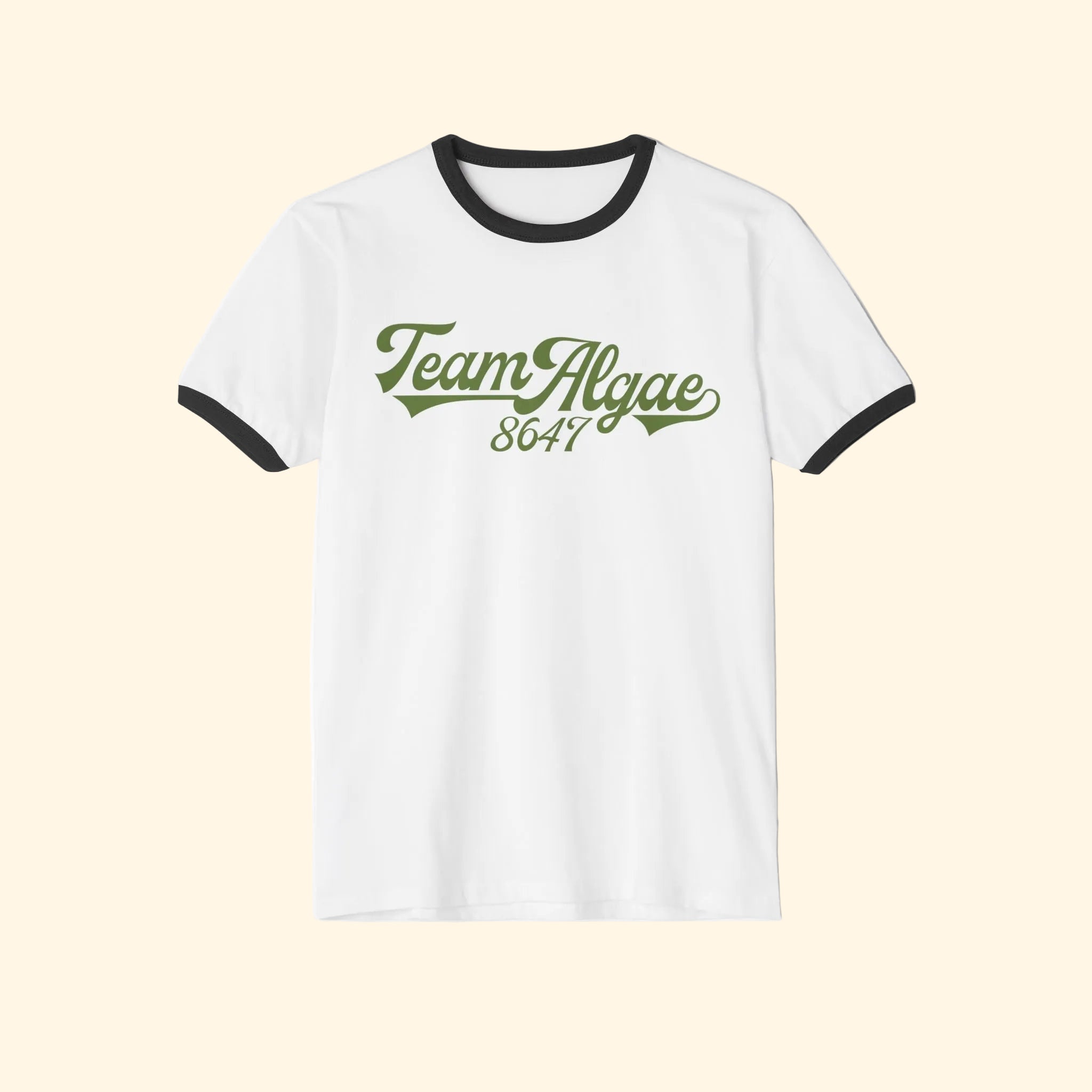 White t-shirt with green text 'Team Algae 8647' on a white background
