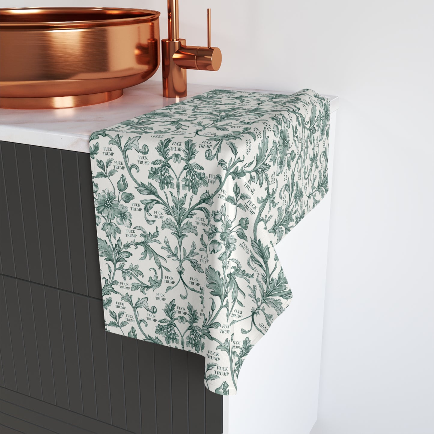 Green Toile de Jouy F*ck Trump Hand Towel