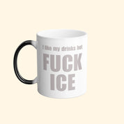 White mug with black handle featuring text on a white background