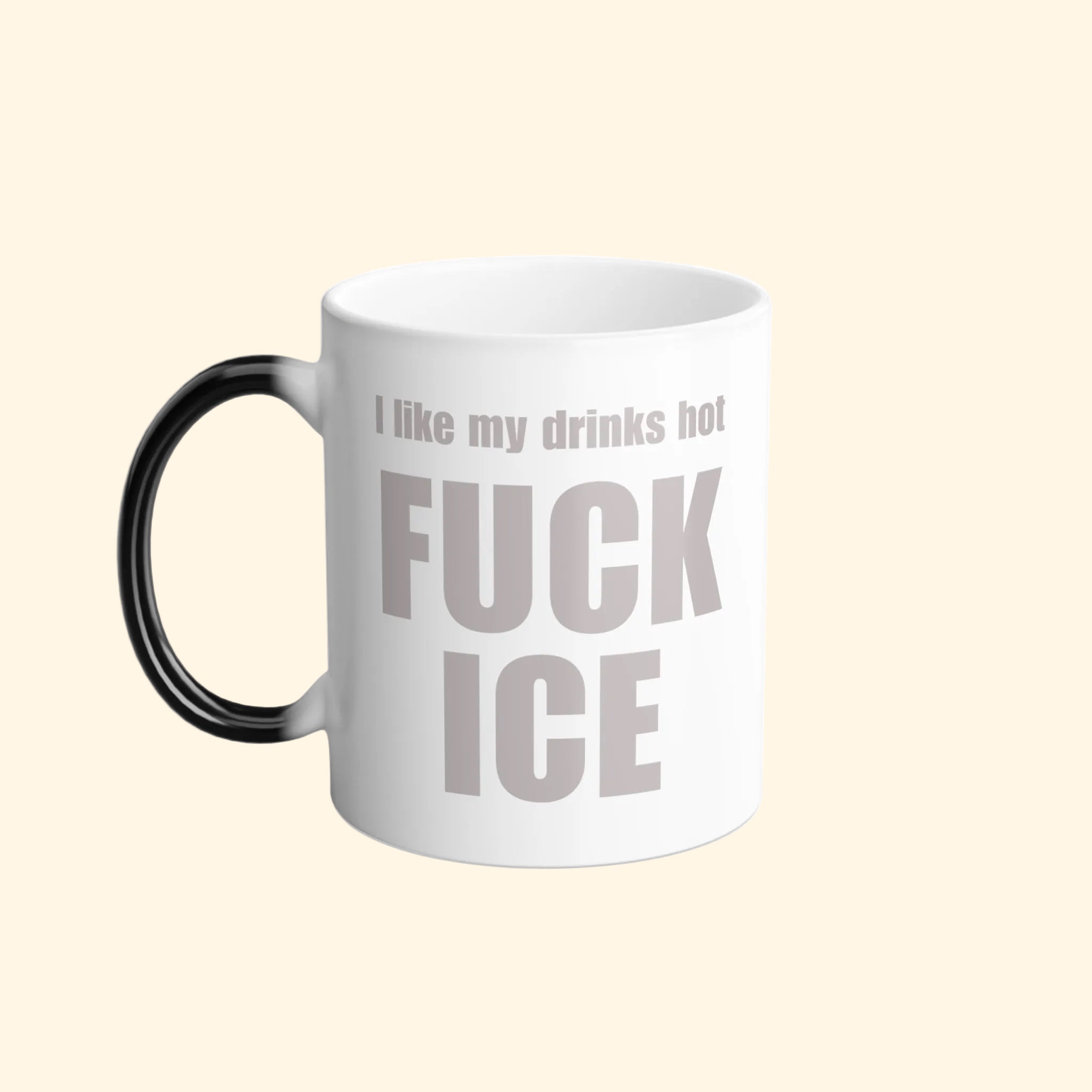 White mug with black handle featuring text on a white background