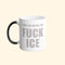 White mug with black handle featuring text on a white background