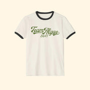 White t-shirt with green text 'Team Algae 8647' on a white background