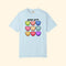 Light blue t-shirt with colorful heart-shaped affirmations on a white background