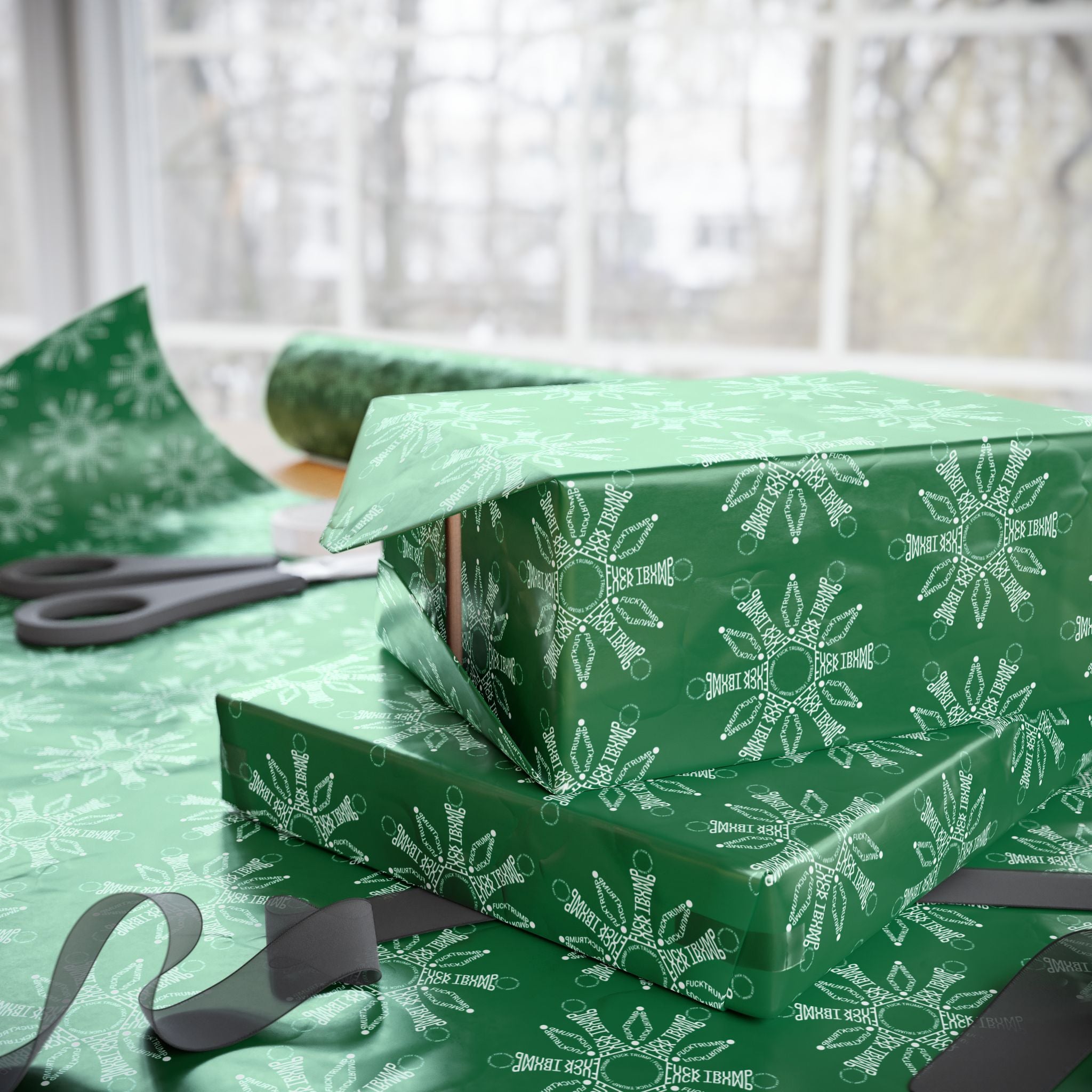 Subtle F*ck Trump Green Snowflake Wrapping Paper