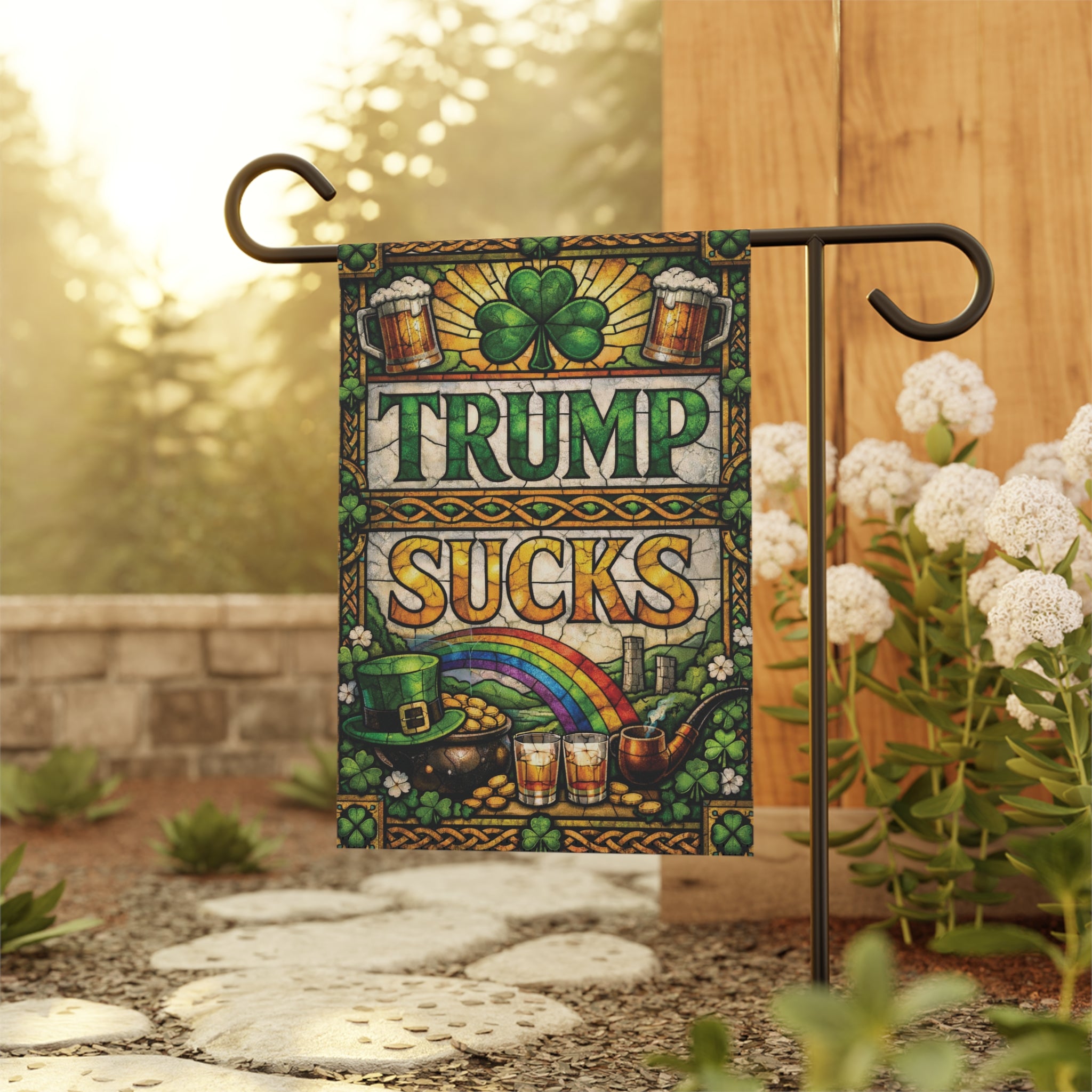 Stained Glass Trump Sucks St. Patrick's Day Garden Flag