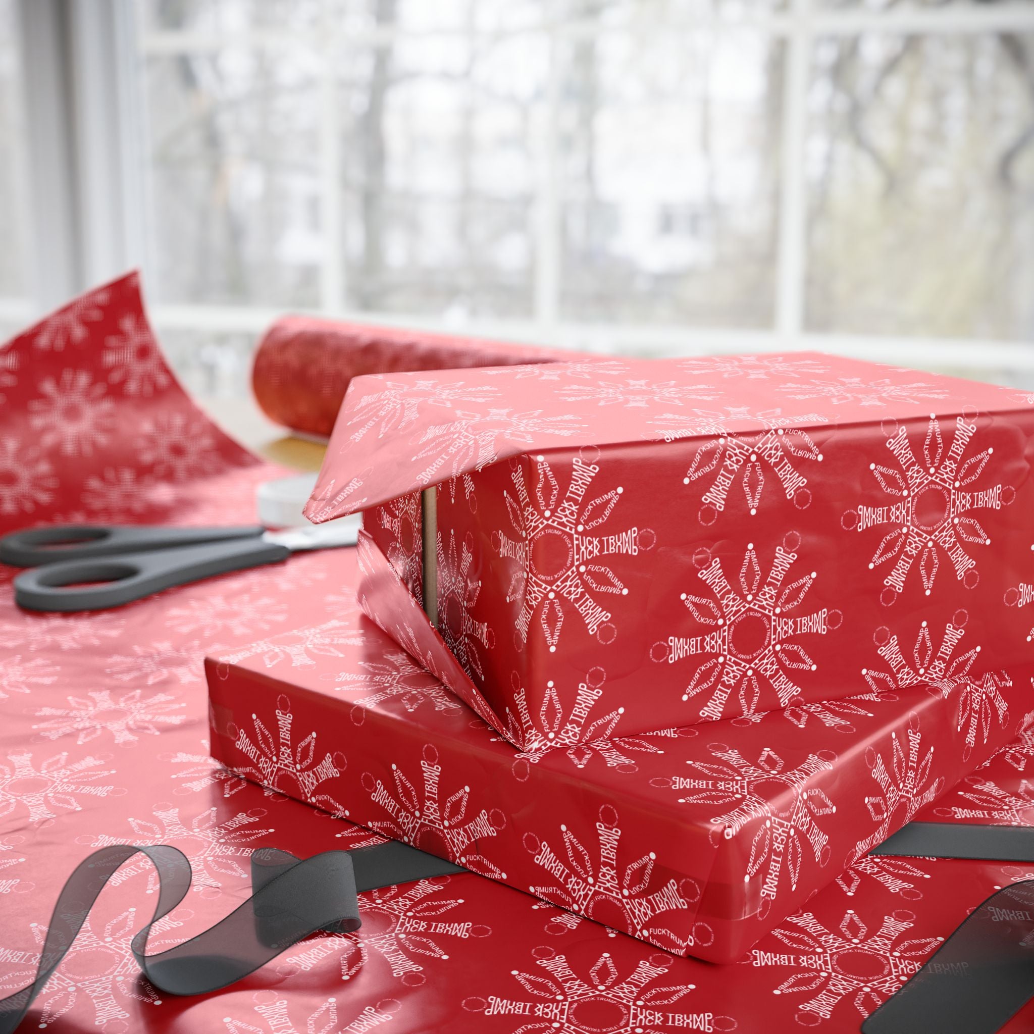 Subtle F*ck Trump Red Snowflake Wrapping Paper