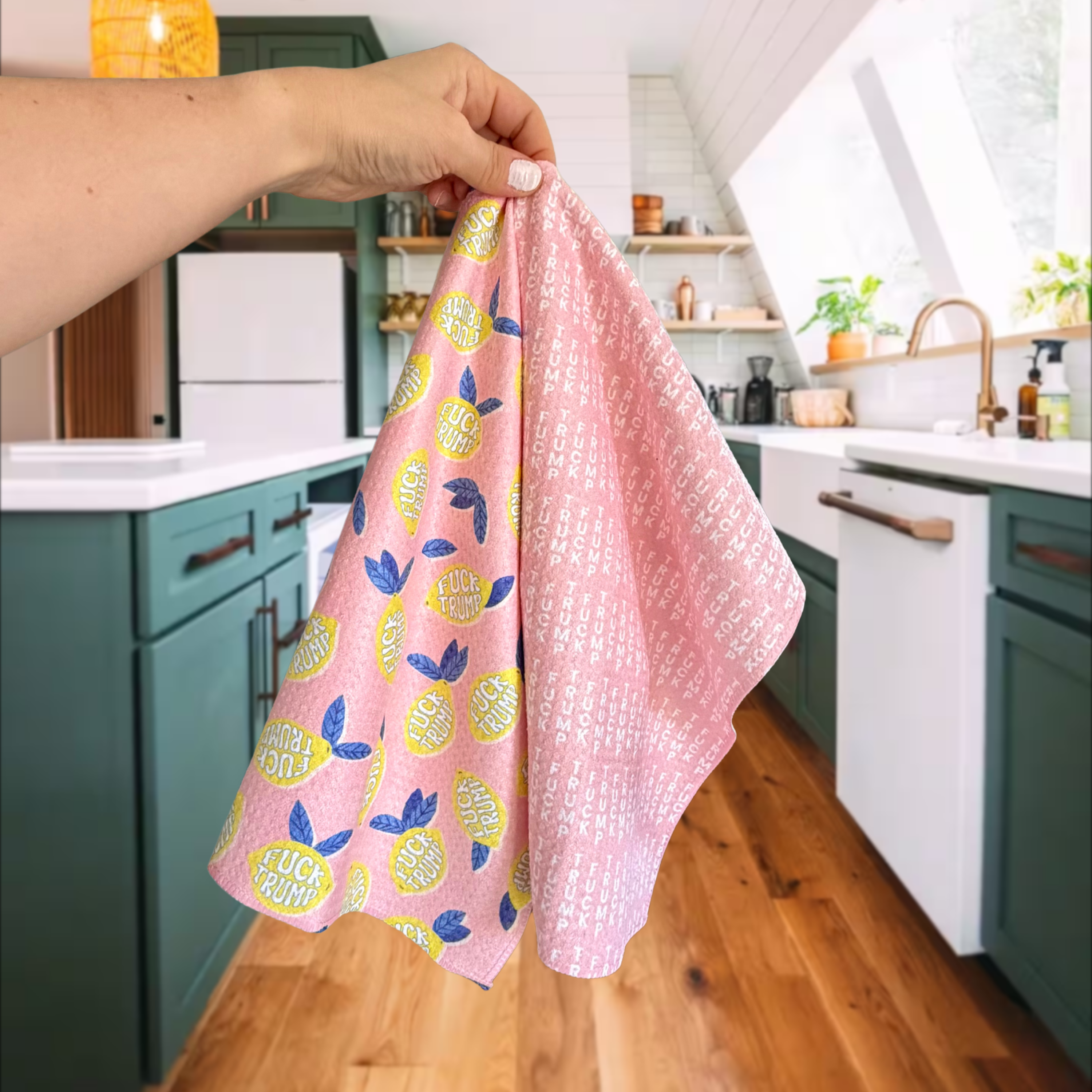 Small Lemons + Pink Lines | F*ck Trump Waffle Weave Kitchen Duo