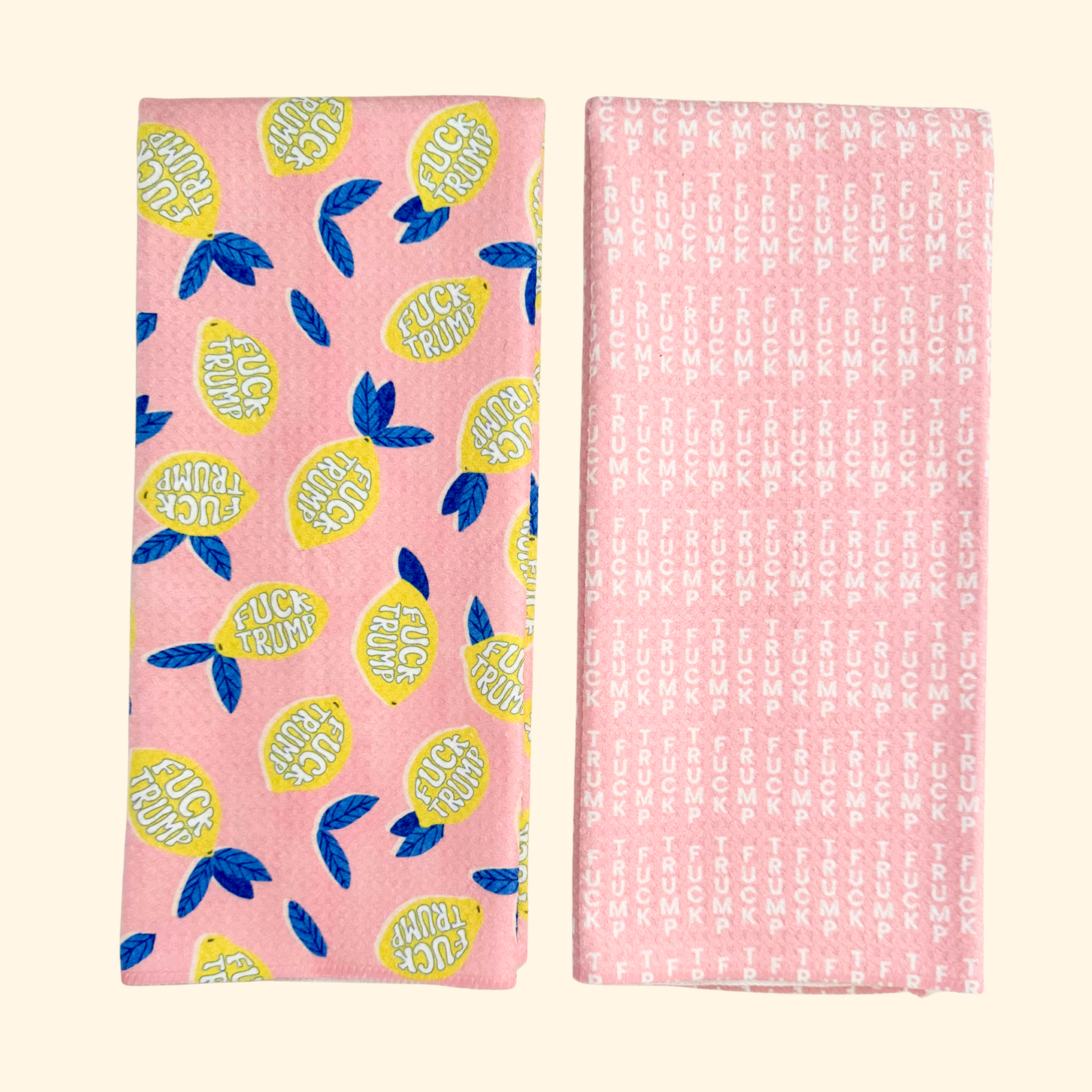 Small Lemons + Pink Lines | F*ck Trump Waffle Weave Kitchen Duo
