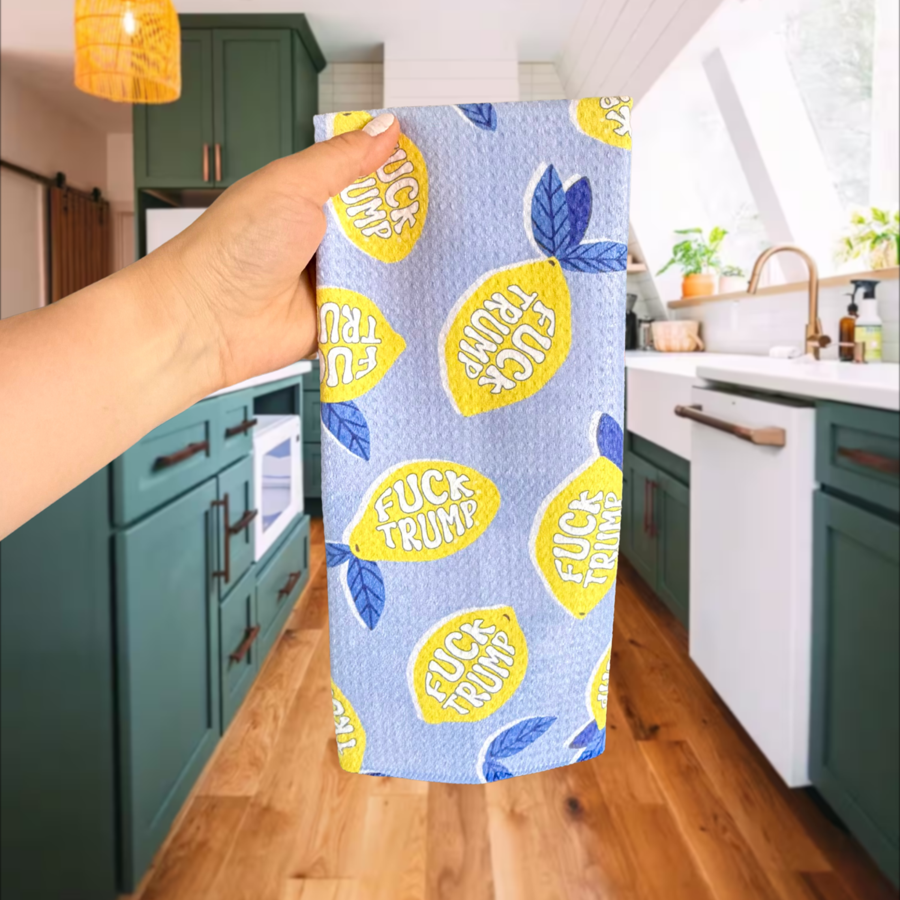 F*ck Trump Retro Blue Lemons Waffle Weave Kitchen Towel