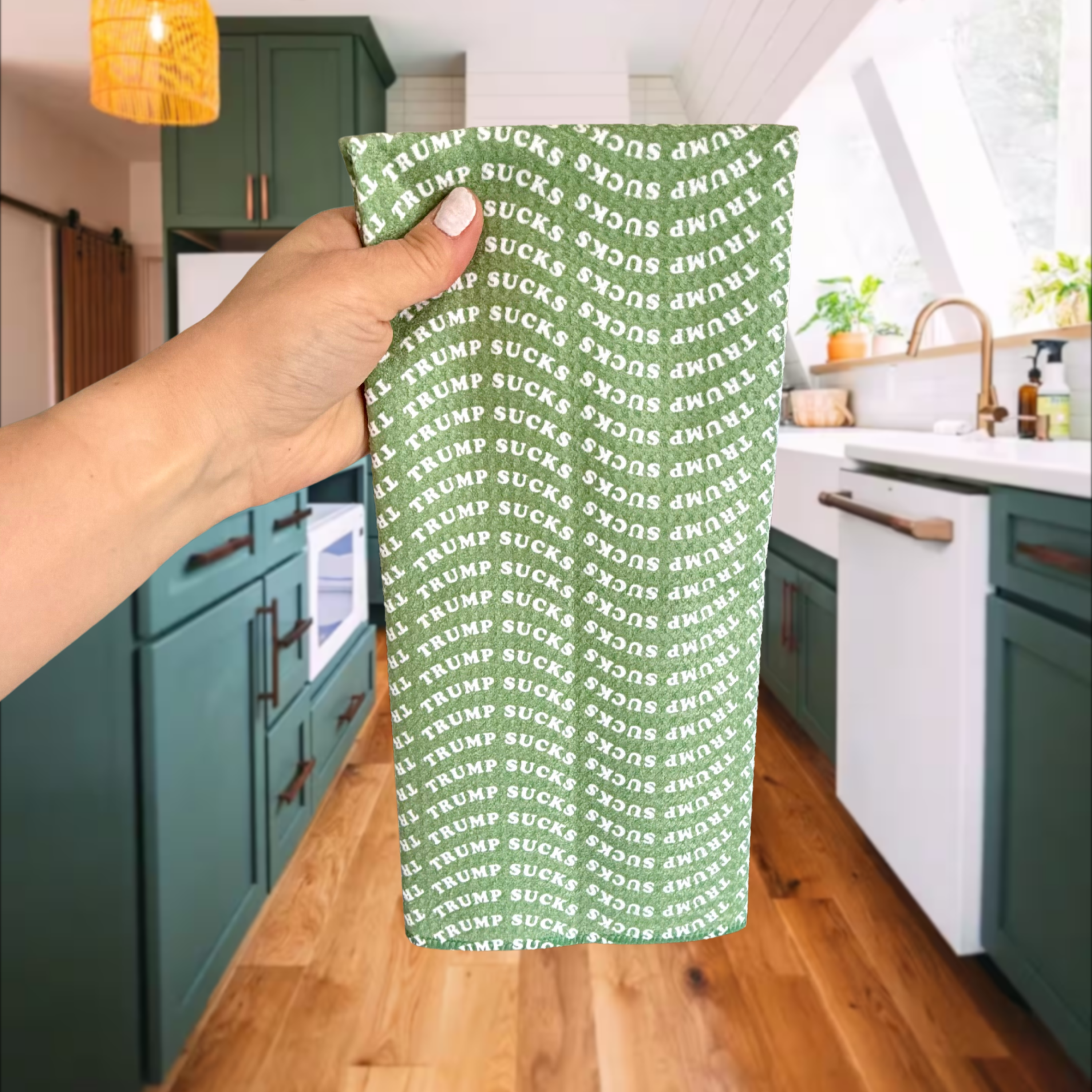 Trump Sucks Green Pattern Waffle Weave Kitchen Towel