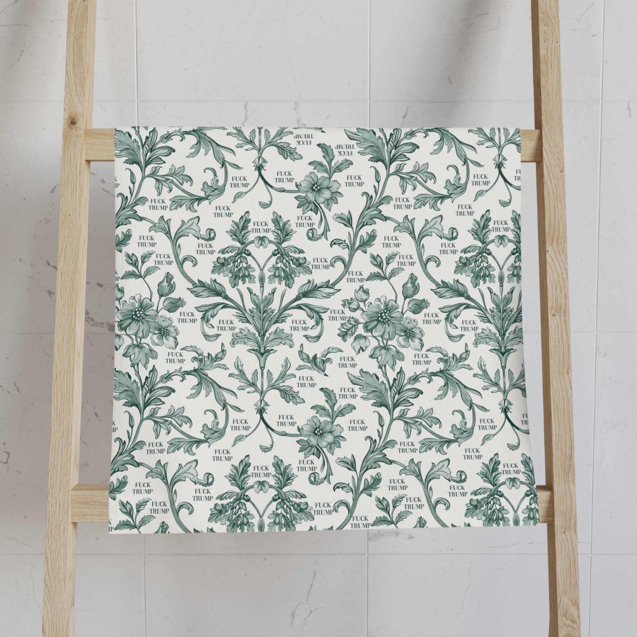 Green Toile de Jouy F*ck Trump Hand Towel