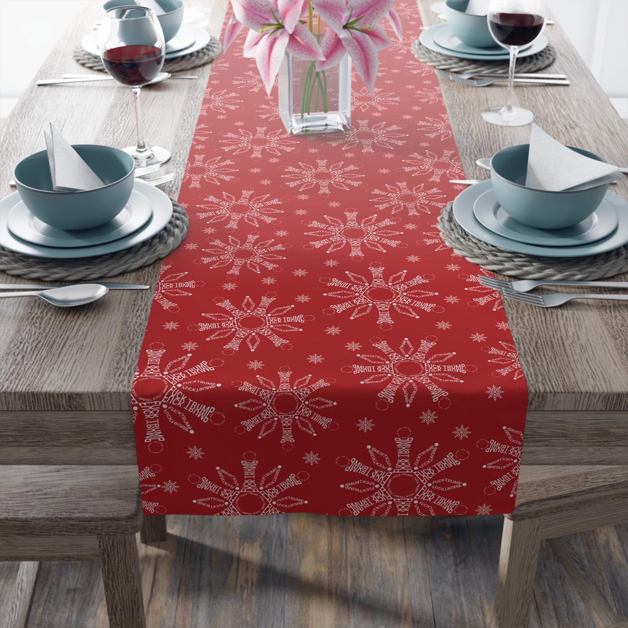 Subtle F*ck Trump Red Snowflake Table Runner