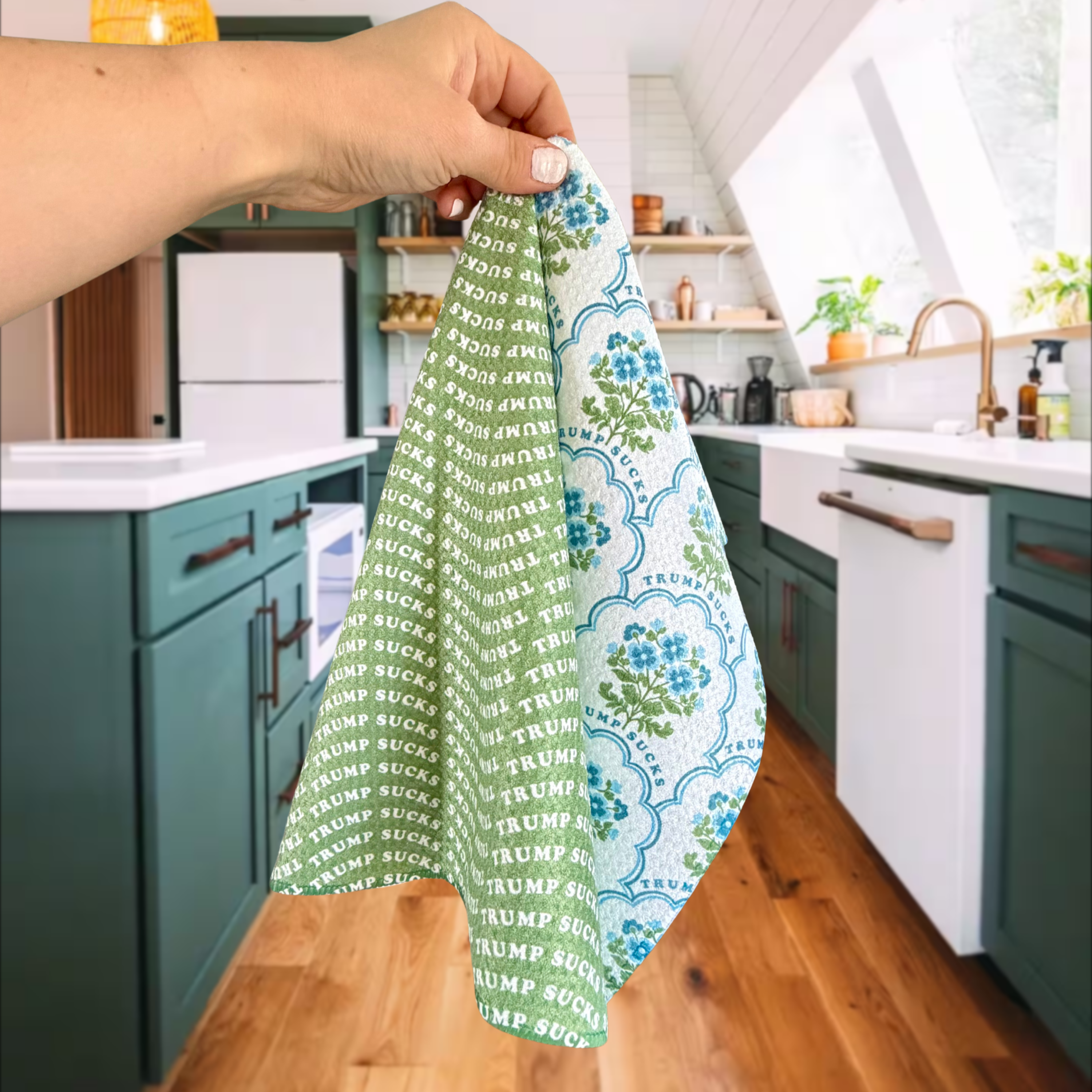 Blue Cottage Floral + Green Wave | Trump Sucks Waffle Weave Kitchen Duo