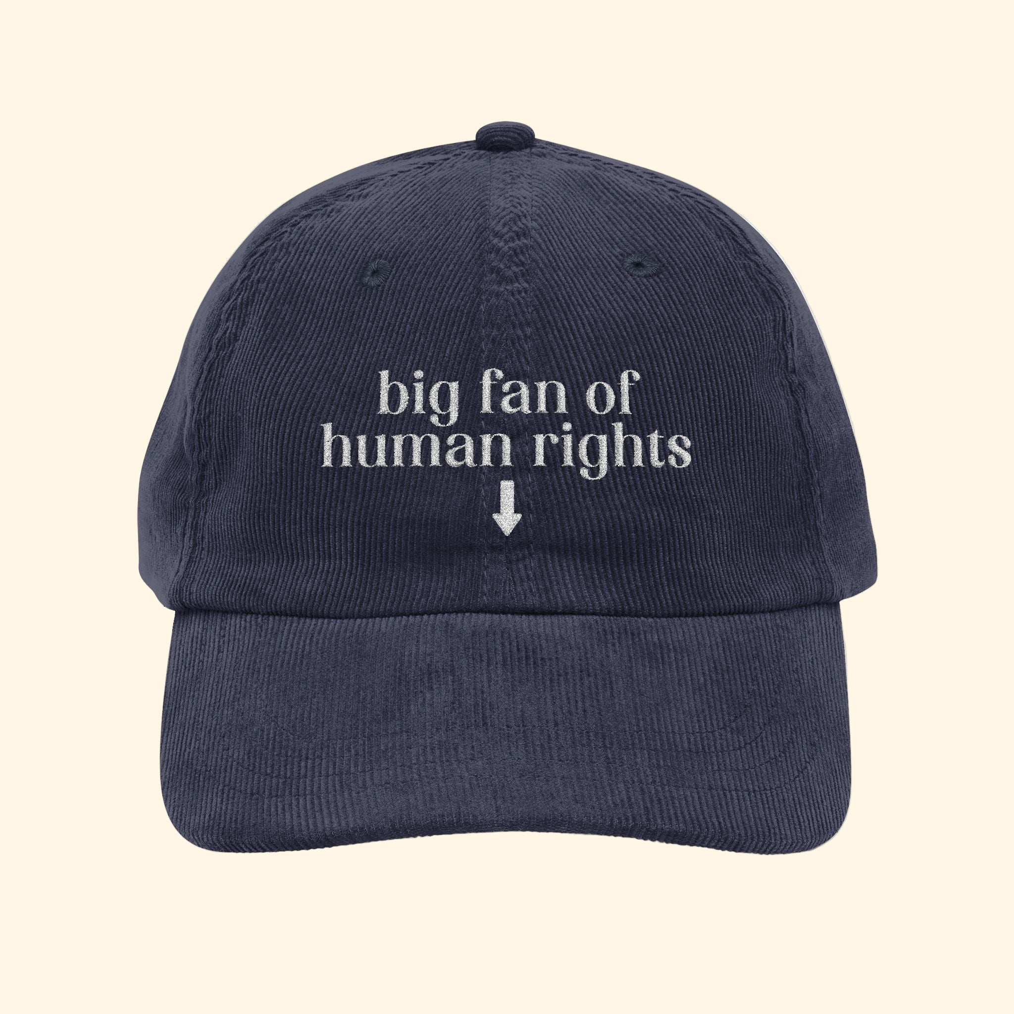 Navy blue cap with 'big fan of human rights' text on a white background