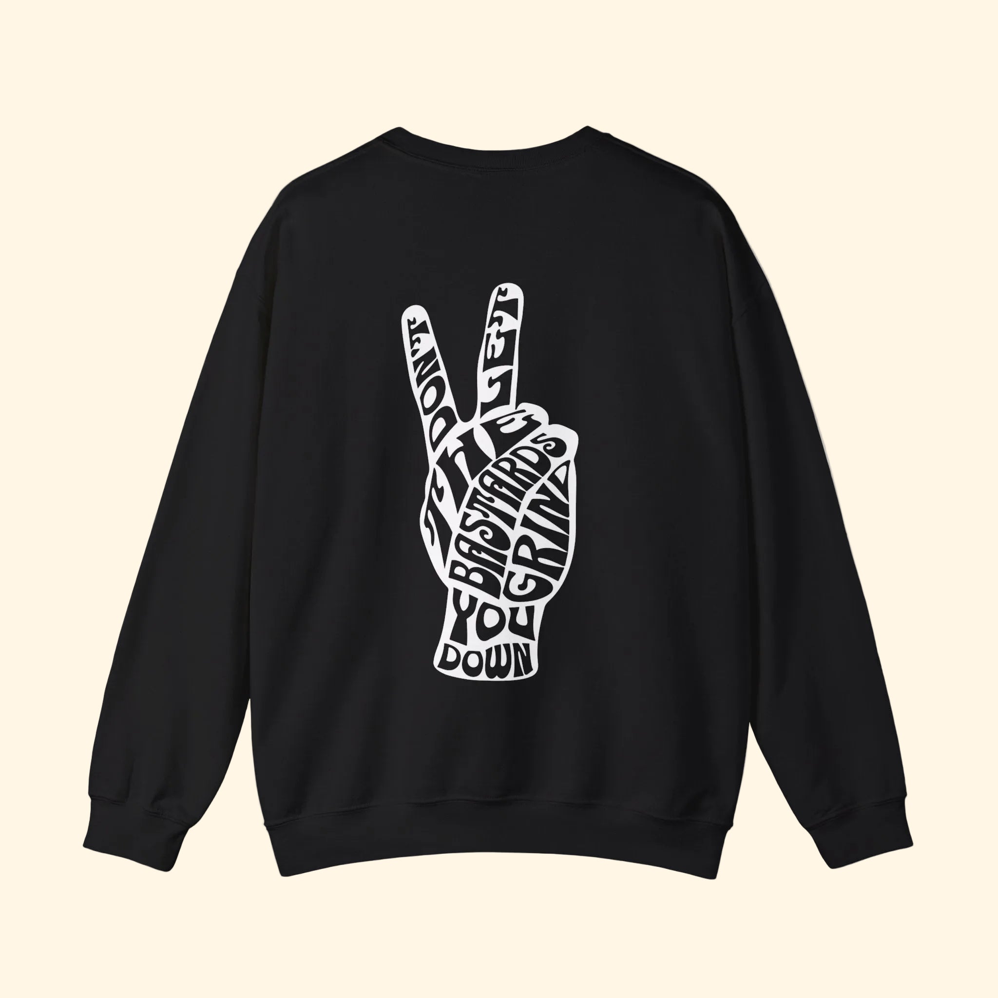 Black sweatshirt with a white peace sign graphic on the back against a white background