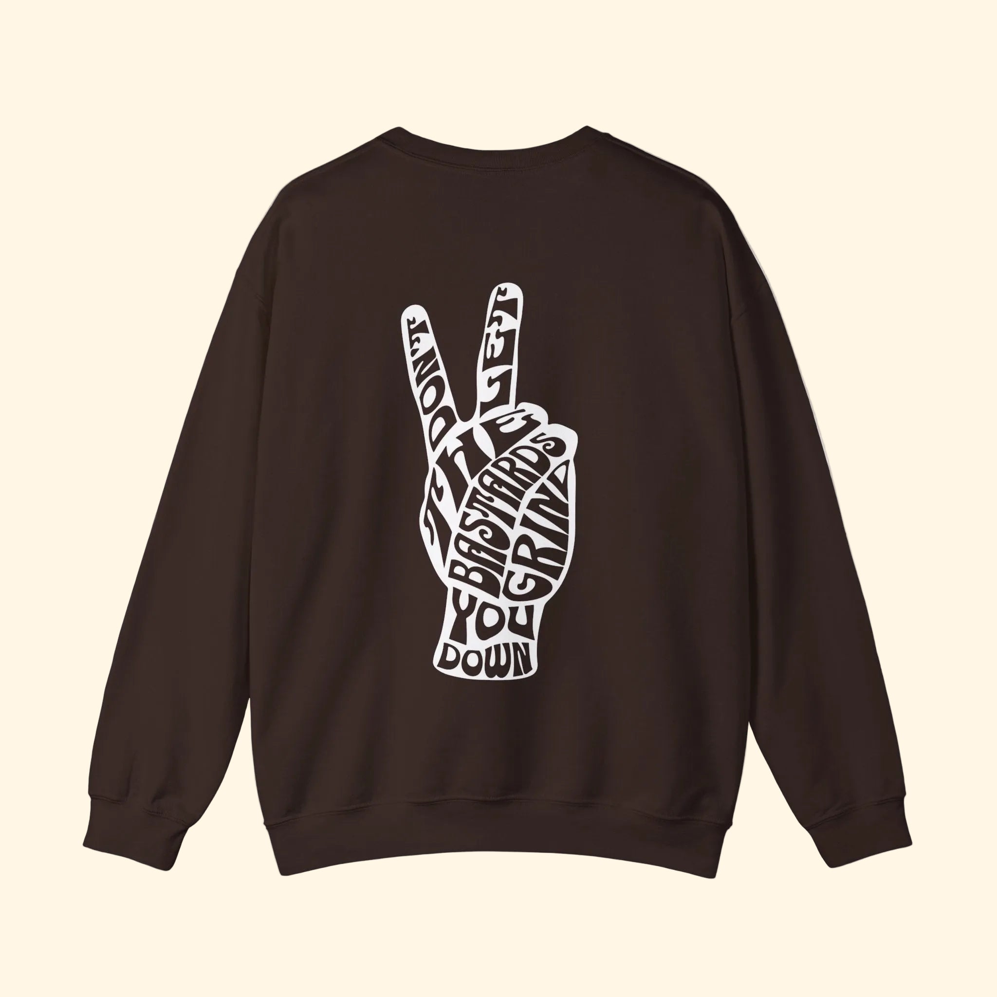 Brown sweatshirt with a white peace sign graphic on the back against a white background