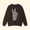 Brown sweatshirt with a white peace sign graphic on the back against a white background