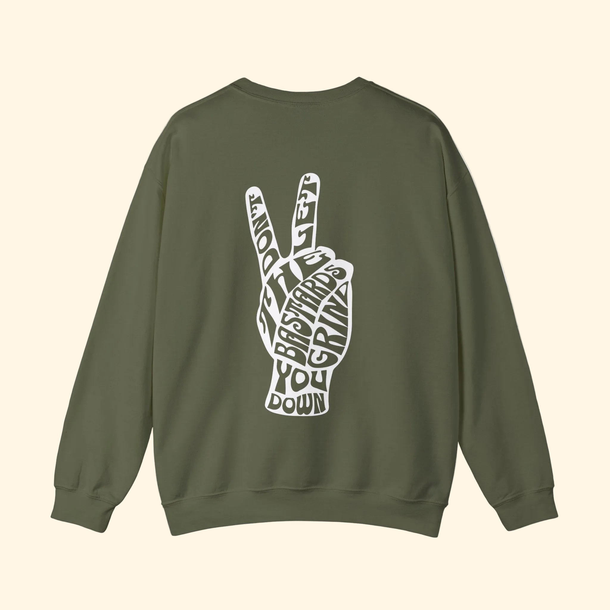 Green sweatshirt with a white peace sign and text on the back against a white background