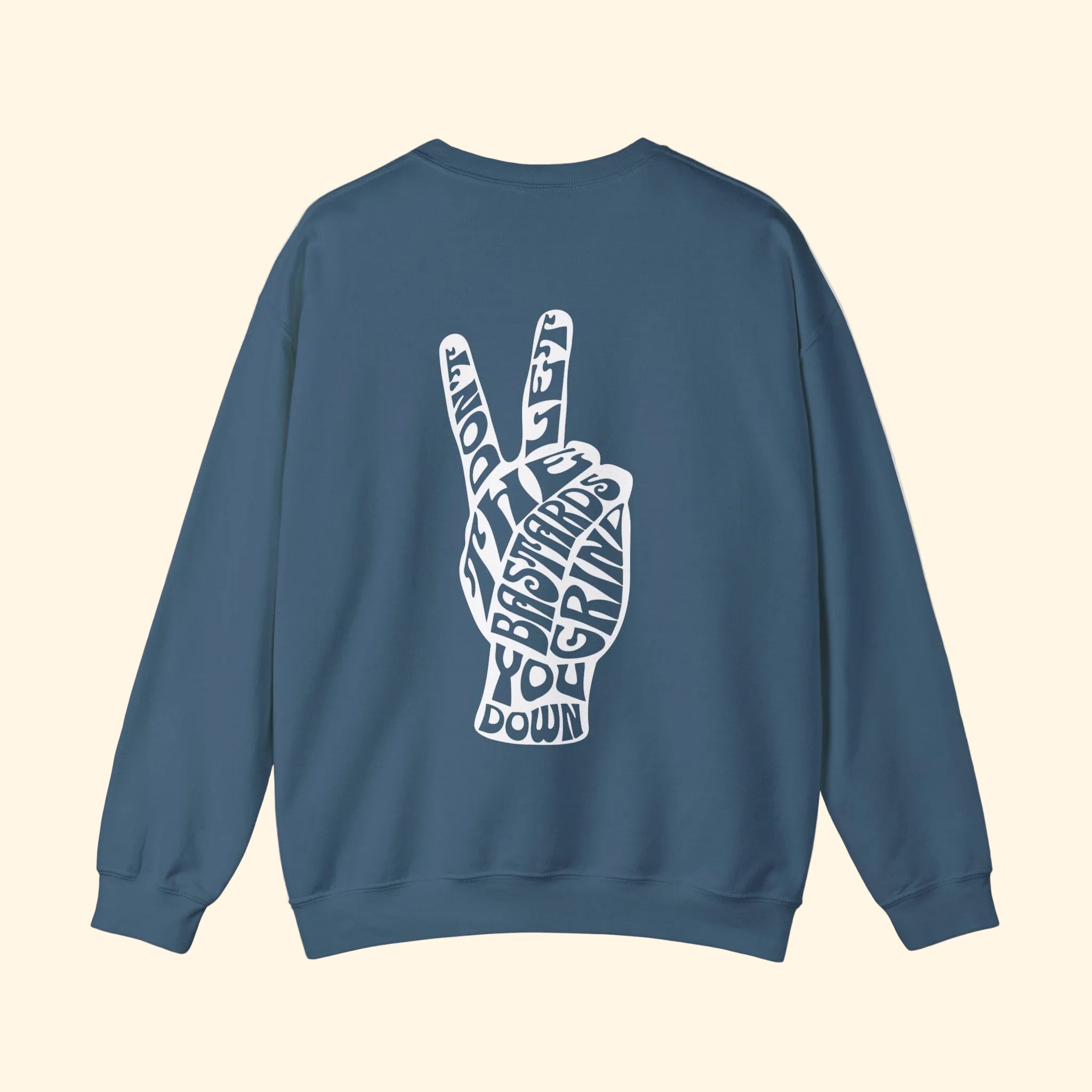 Blue sweatshirt with a white peace sign graphic on the back against a white background