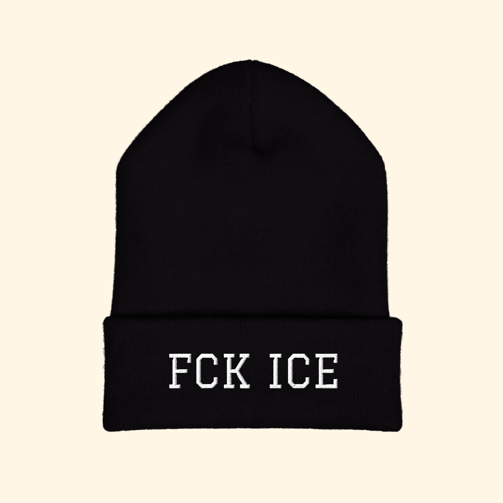 Black beanie with 'FCK ICE' text on a white background