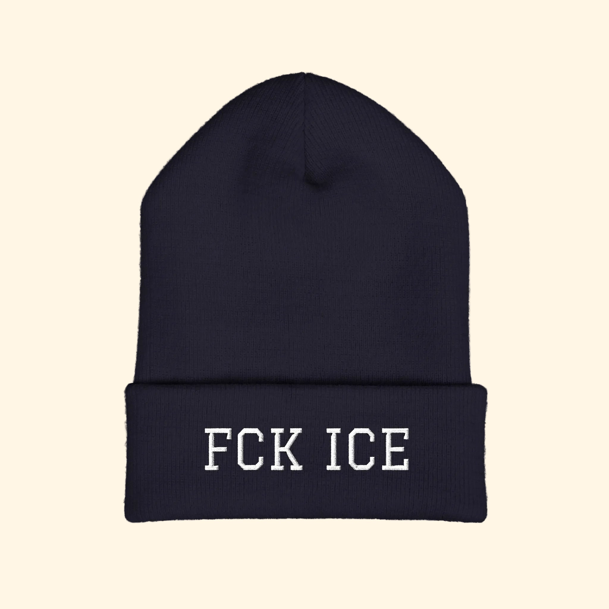 Black beanie with 'FCK ICE' text on a white background
