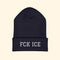 Black beanie with 'FCK ICE' text on a white background