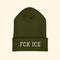 Green beanie with 'FCK ICE' text on a white background