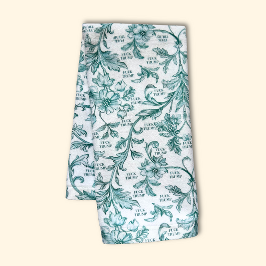 Green Toile de Jouy F*ck Trump Hand Towel