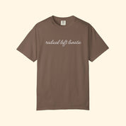 Brown t-shirt with text on a white background