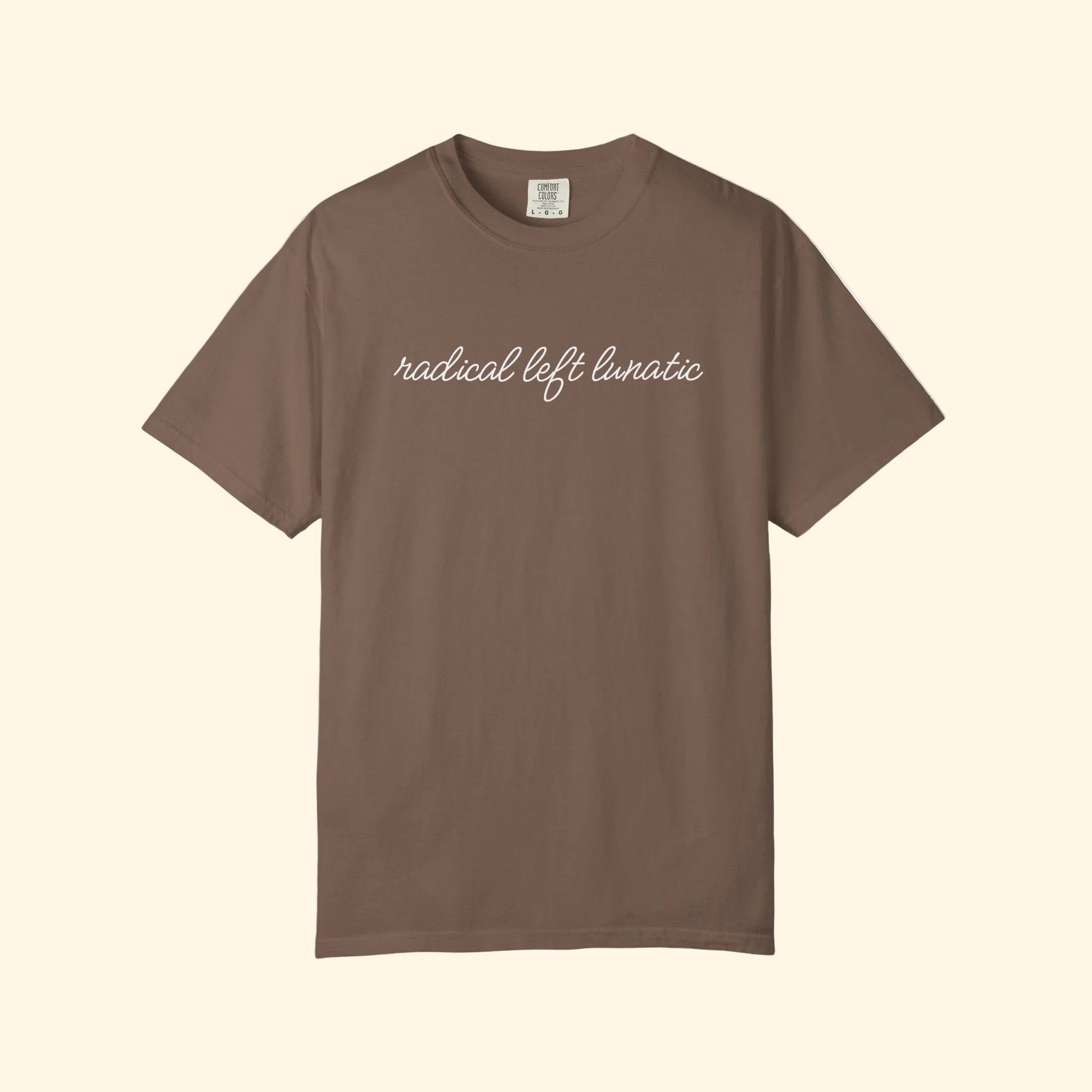 Brown t-shirt with text on a white background