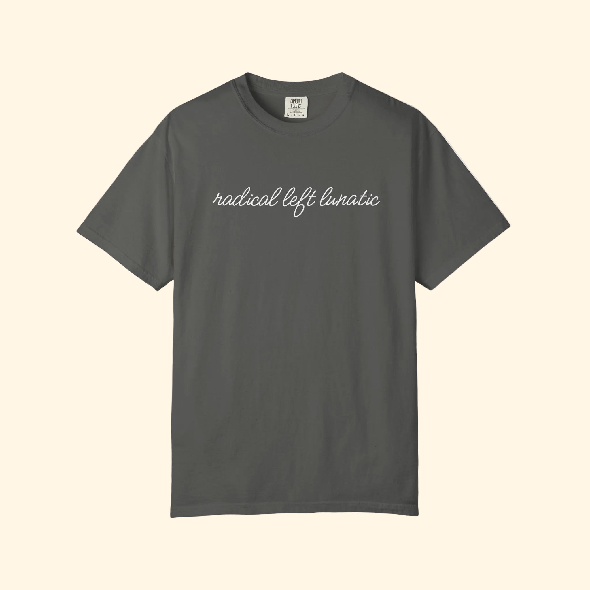 Gray t-shirt with text on a white background