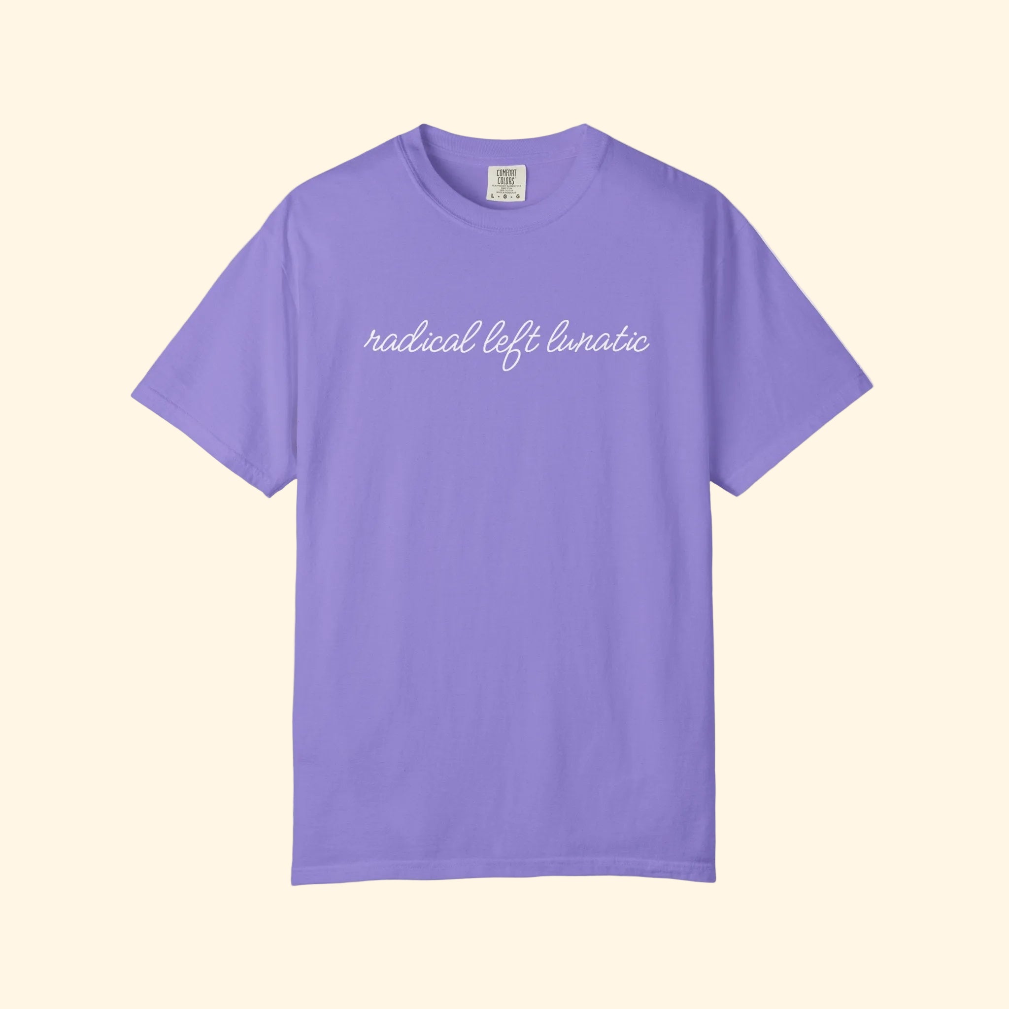 Purple t-shirt with text on a white background